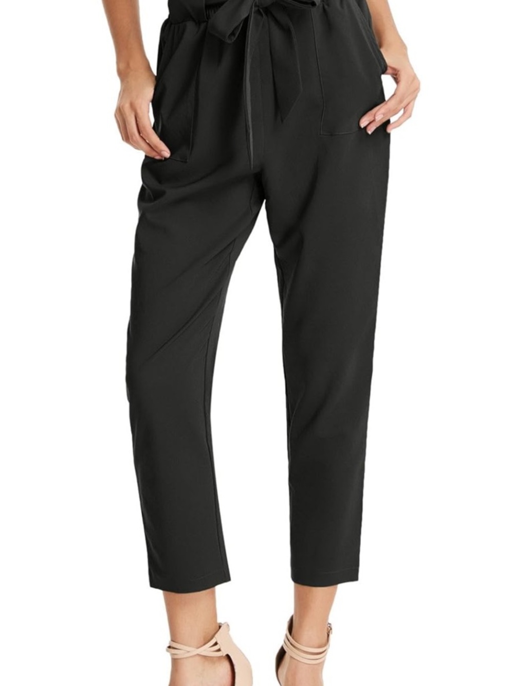 Grace Karin Black High-Waist Paperbag Ankle Pants with Tie